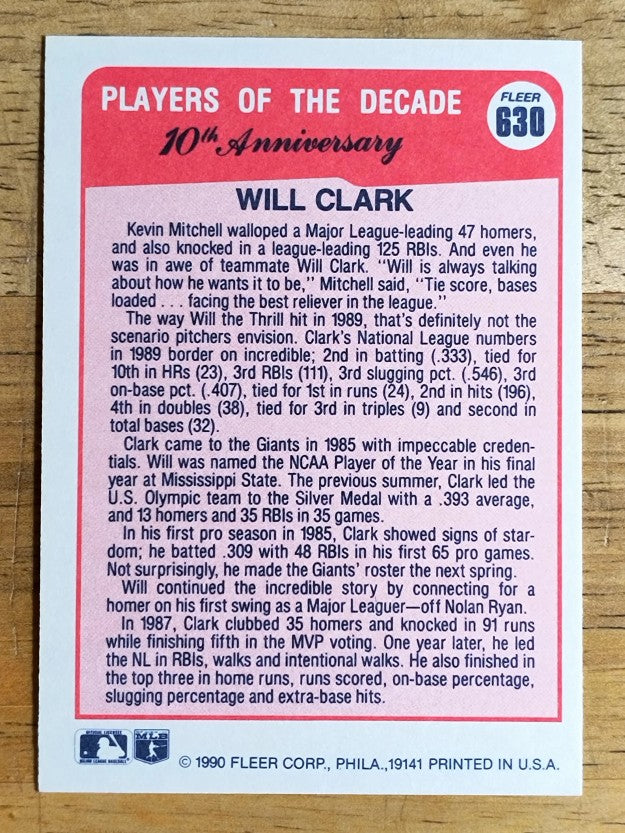 1990 Fleer #630A Will Clark '89 ERR/32 total bases on card back