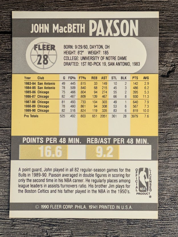 1990-91 Fleer #28 John Paxson