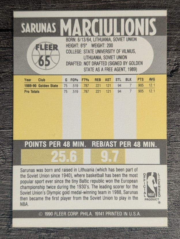 1990-91 Fleer #65 Sarunas Marciulionis RC