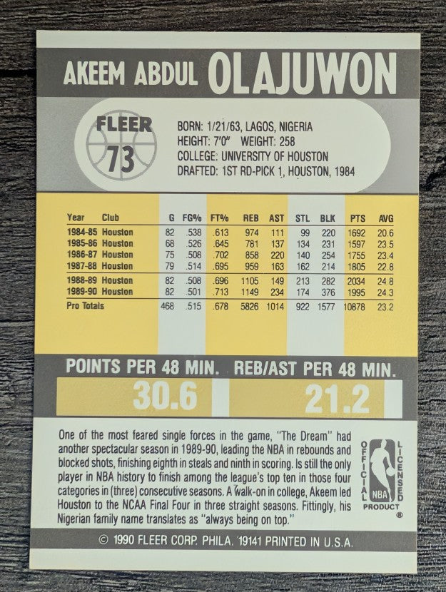 1990-91 Fleer #73 Hakeem Olajuwon