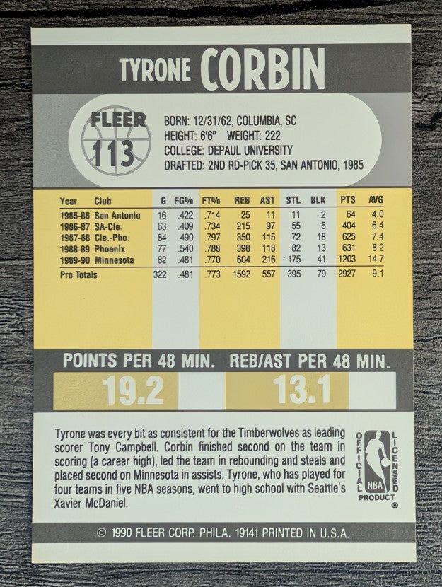 1990-91 Fleer #113 Tyrone Corbin