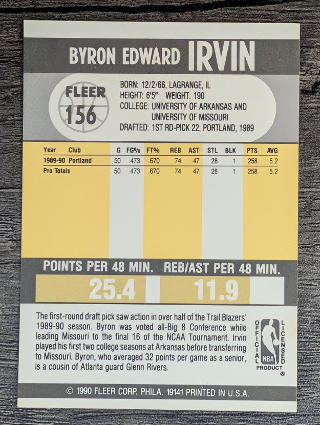 1990-91 Fleer #156 Byron Irvin