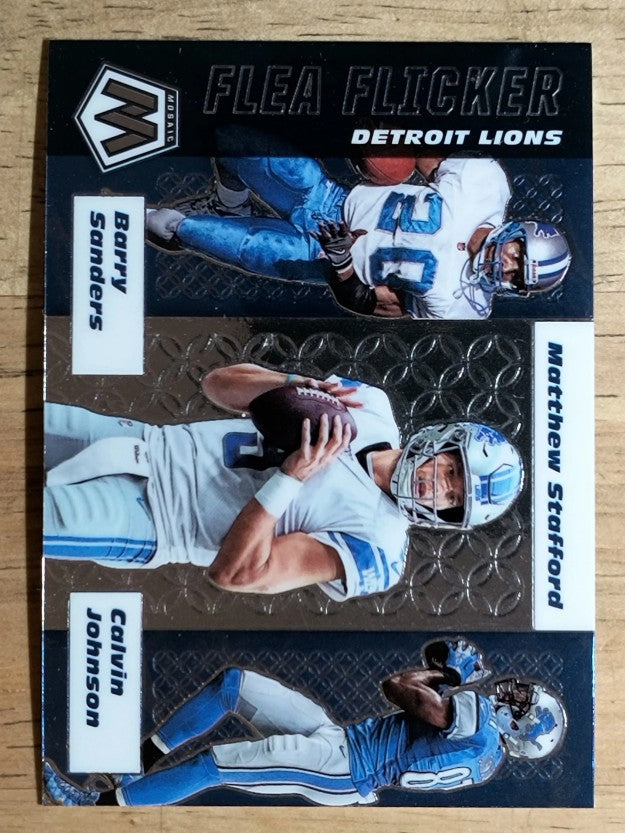 2020 Panini Mosaic Flea Flicker #7 Matthew Stafford/Barry Sanders/Calvin Johnson