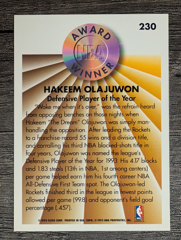 1993-94 Fleer #230 Hakeem Olajuwon AW