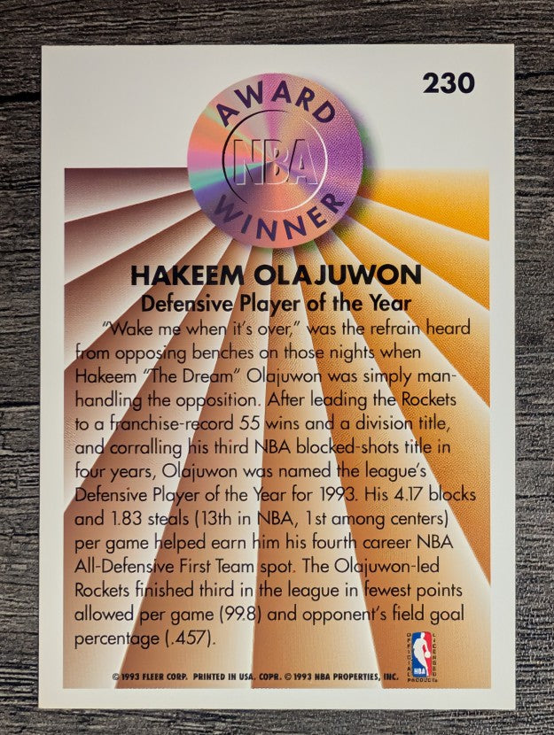 1993-94 Fleer #230 Hakeem Olajuwon AW