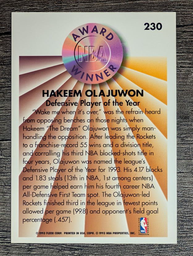 1993-94 Fleer #230 Hakeem Olajuwon AW