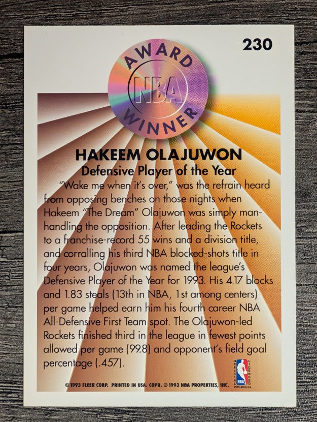 1993-94 Fleer #230 Hakeem Olajuwon AW
