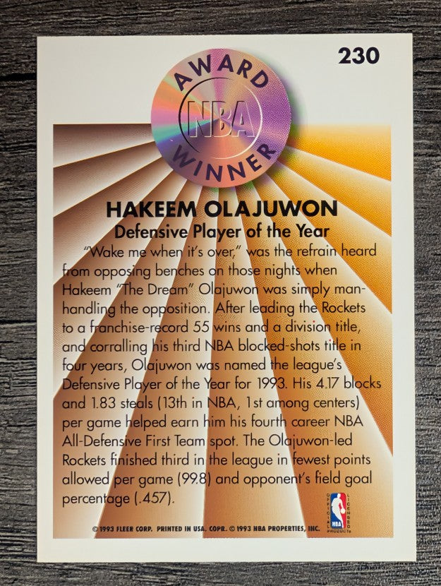 1993-94 Fleer #230 Hakeem Olajuwon AW
