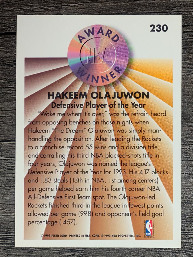1993-94 Fleer #230 Hakeem Olajuwon AW