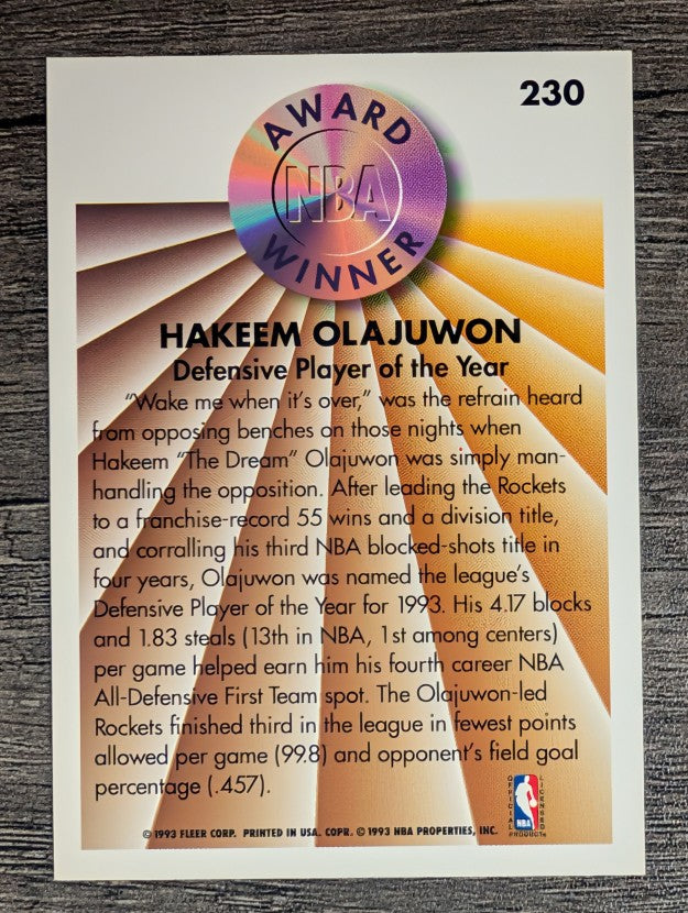 1993-94 Fleer #230 Hakeem Olajuwon AW