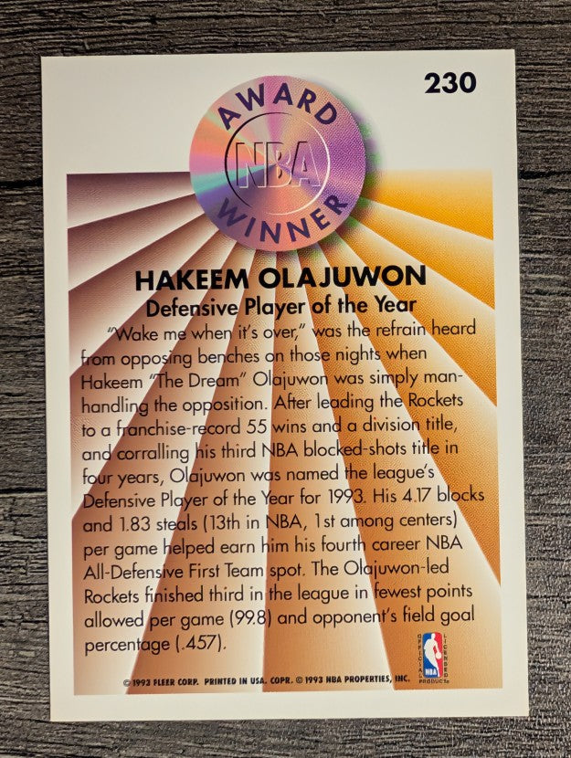 1993-94 Fleer #230 Hakeem Olajuwon AW