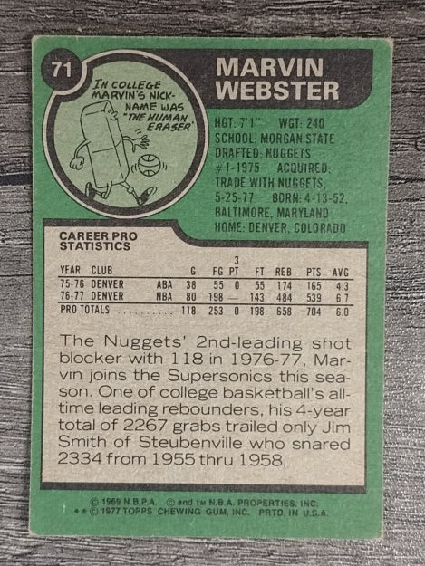 1977-78 Topps #71 Marvin Webster RC (VGEX)