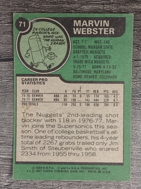 1977-78 Topps #71 Marvin Webster RC (VG)