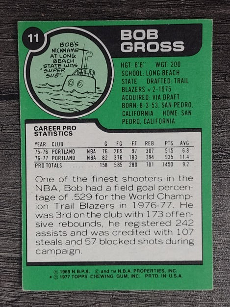 1977-78 Topps White Backs #11 Bob Gross RC (EXMT)