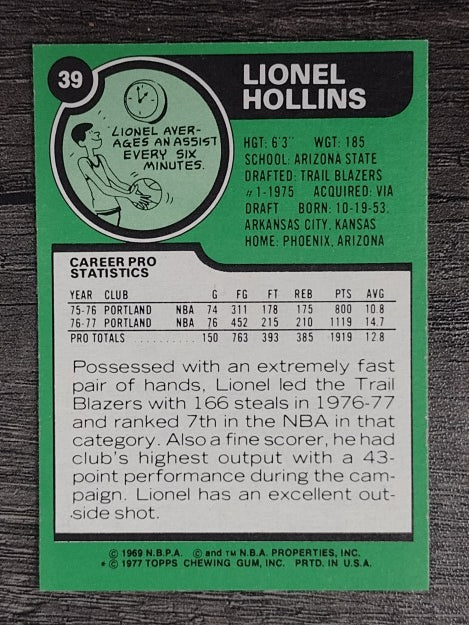 1977-78 Topps White Backs #39 Lionel Hollins (NMMT)