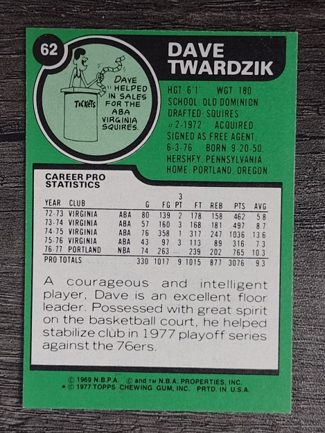 1977-78 Topps White Backs #62 Dave Twardzik (EXMT)