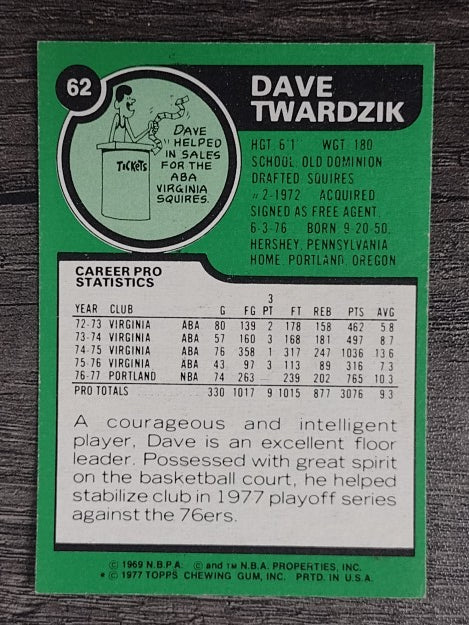 1977-78 Topps White Backs #62 Dave Twardzik (EXMT)