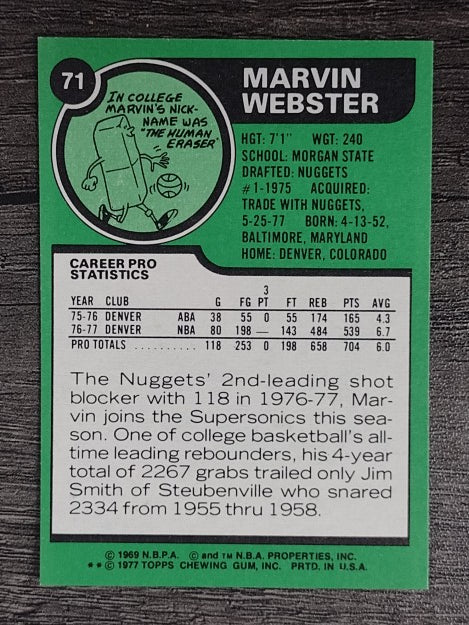 1977-78 Topps White Backs #71 Marvin Webster RC (NM)