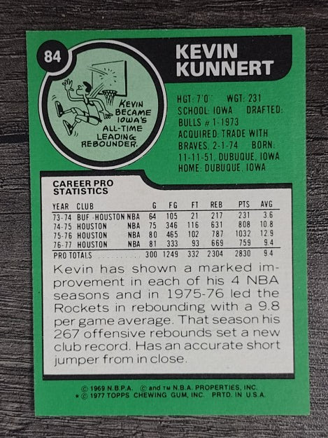 1977-78 Topps White Backs #84 Kevin Kunnert (NM)