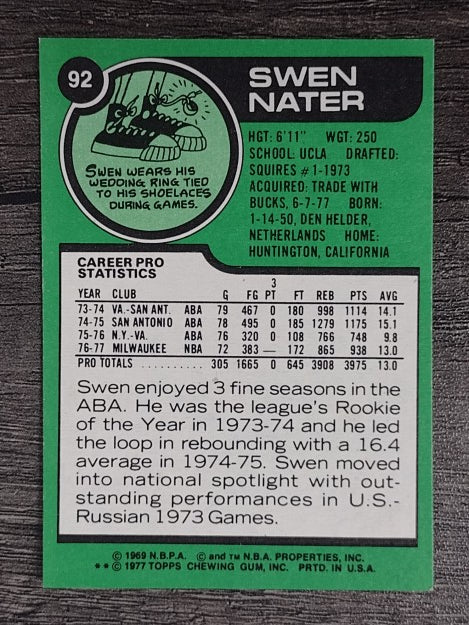 1977-78 Topps White Backs #92 Swen Nater (NMMT)