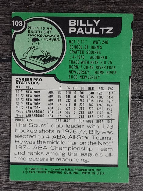 1977-78 Topps White Backs #103 Billy Paultz (VGEX)