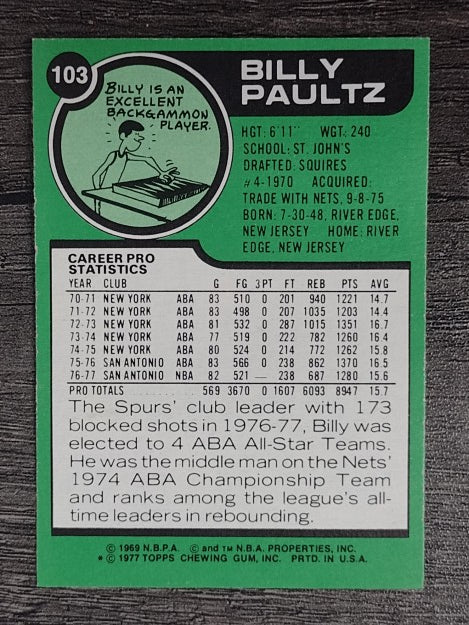 1977-78 Topps White Backs #103 Billy Paultz (VGEX)