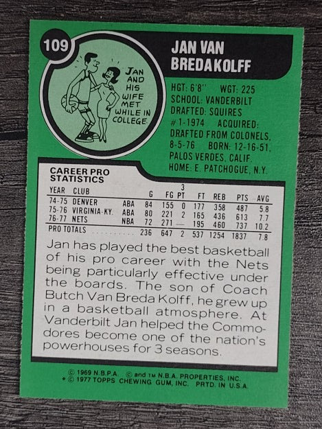 1977-78 Topps White Backs #109 Jan Van Breda Kolff (NMMT)