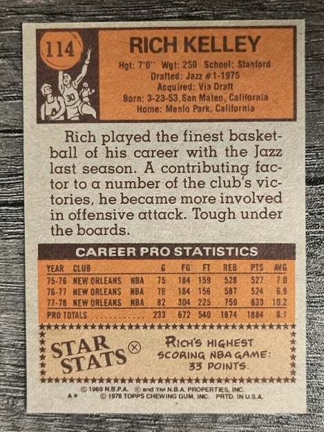 1978-79 Topps #114 Rich Kelley (VGEX)