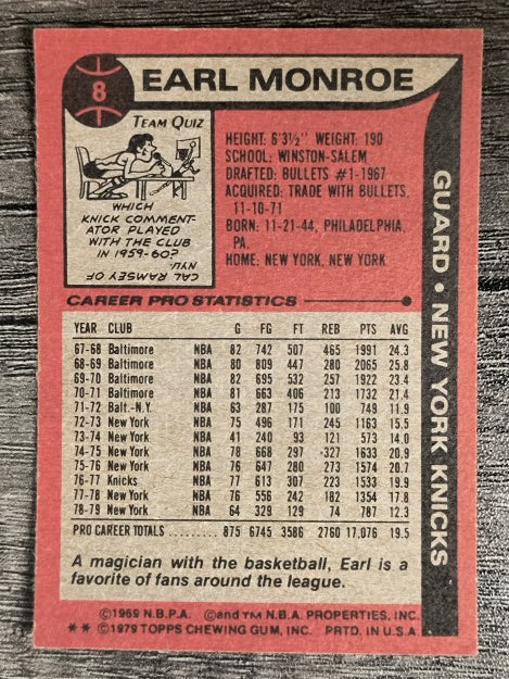 1979-80 Topps #8 Earl Monroe (NM)