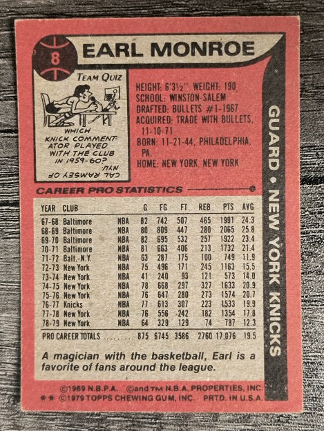 1979-80 Topps #8 Earl Monroe (VGEX)