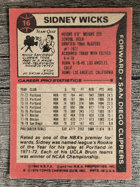 1979-80 Topps #16 Sidney Wicks (EX)