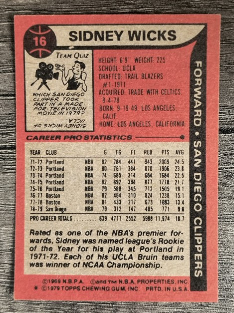 1979-80 Topps #16 Sidney Wicks (EXMT)