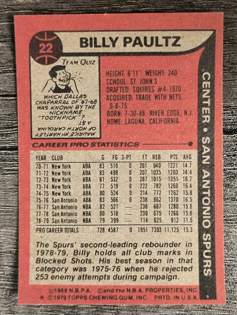 1979-80 Topps #22 Billy Paultz (EXMT)