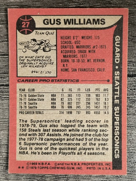 1979-80 Topps #27 Gus Williams (EX)