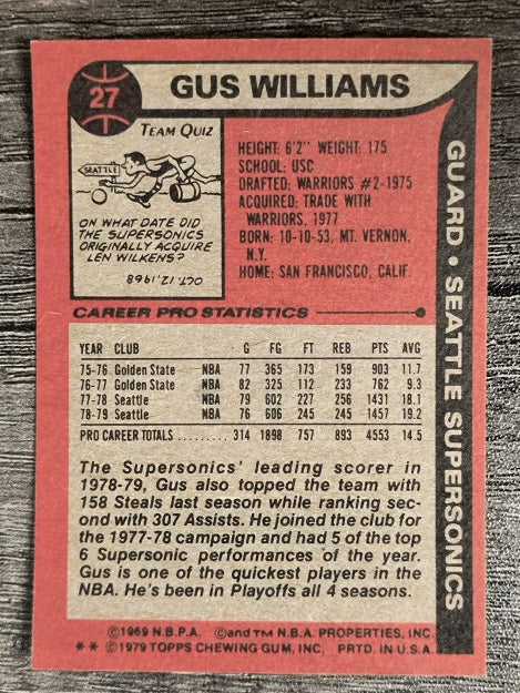 1979-80 Topps #27 Gus Williams (EX)
