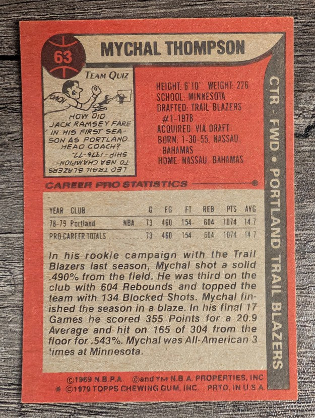 1979-80 Topps #63 Mychal Thompson RC (EXMT)