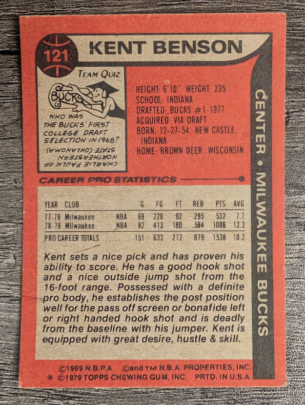 1979-80 Topps #121 Kent Benson RC (VGEX)