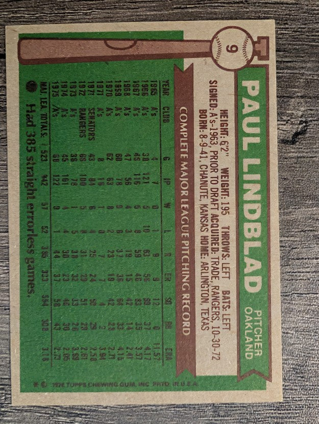 1976 Topps #9 Paul Lindblad (VGEX)