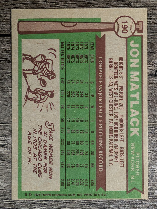 1976 Topps #190 Jon Matlack (EXMT)