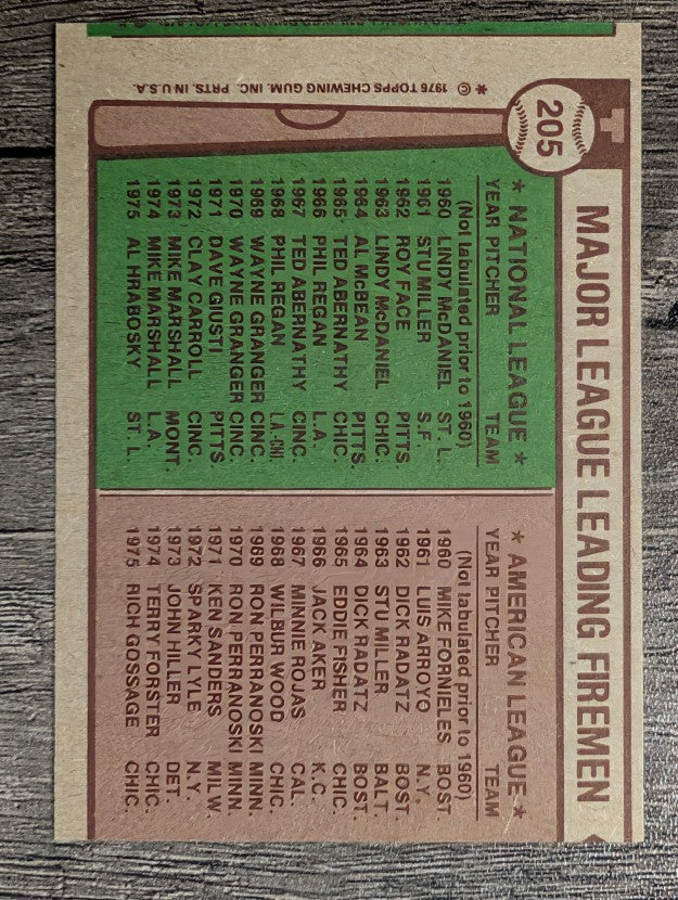 1976 Topps #205 NL/AL Leading Firemen/Al Hrabosky/Rich Gossage (EX)