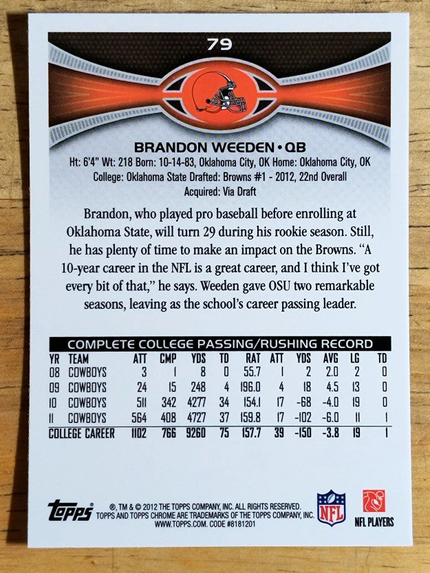 2012 Topps Chrome #79A Brandon Weeden RC/passing forward