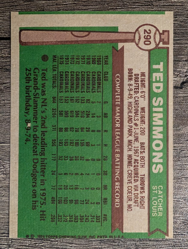 1976 Topps #290 Ted Simmons (VGEX)