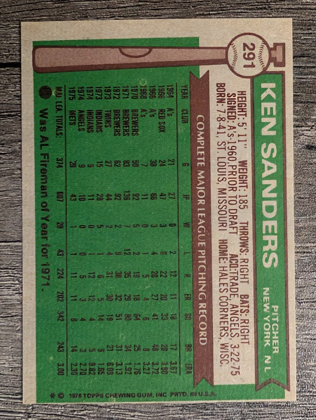 1976 Topps #291 Ken Sanders (EXMT)