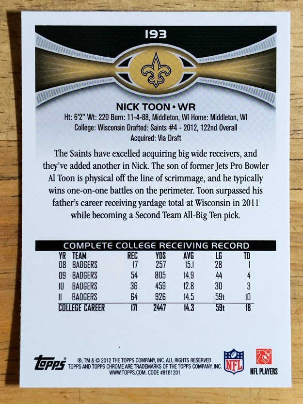 2012 Topps Chrome #193 Nick Toon RC