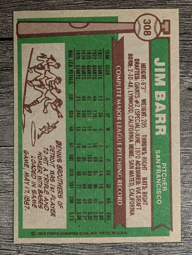 1976 Topps #308 Jim Barr (EXMT)