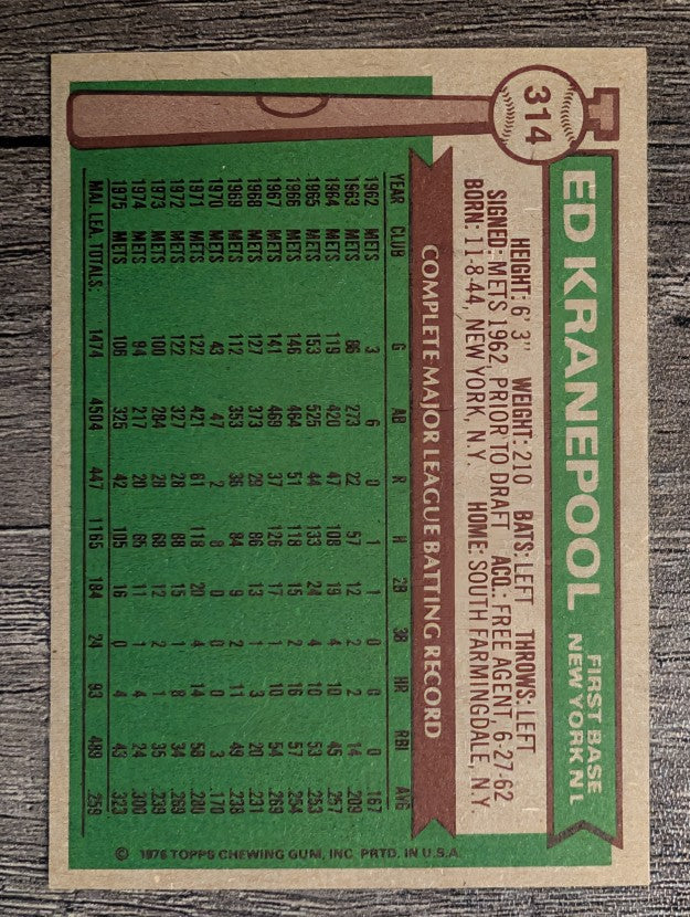 1976 Topps #314 Ed Kranepool (NMMT)
