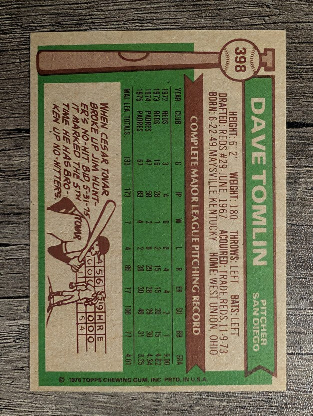 1976 Topps #398 Dave Tomlin (EXMT)