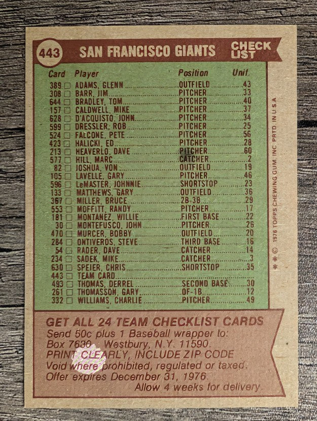 1976 Topps #443 San Francisco Giants CL (EXMT)