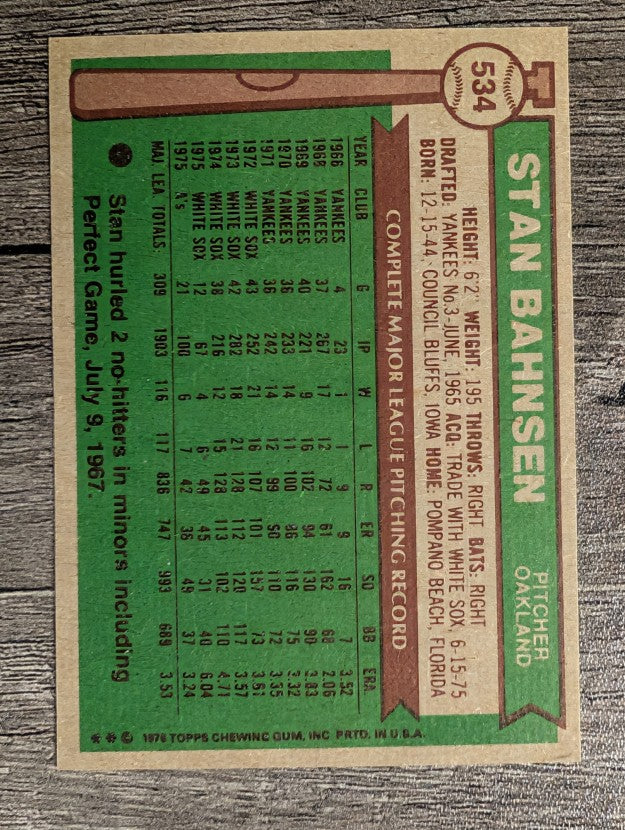 1976 Topps #534 Stan Bahnsen (NMMT)