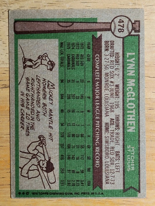1976 Topps #478 Lynn McGlothen (VGEX)